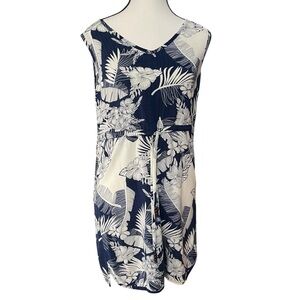 Navy/Cream Tropical Sleeveless Midi Dress Built-in Waist Tie‎ Soft Cool Rayon